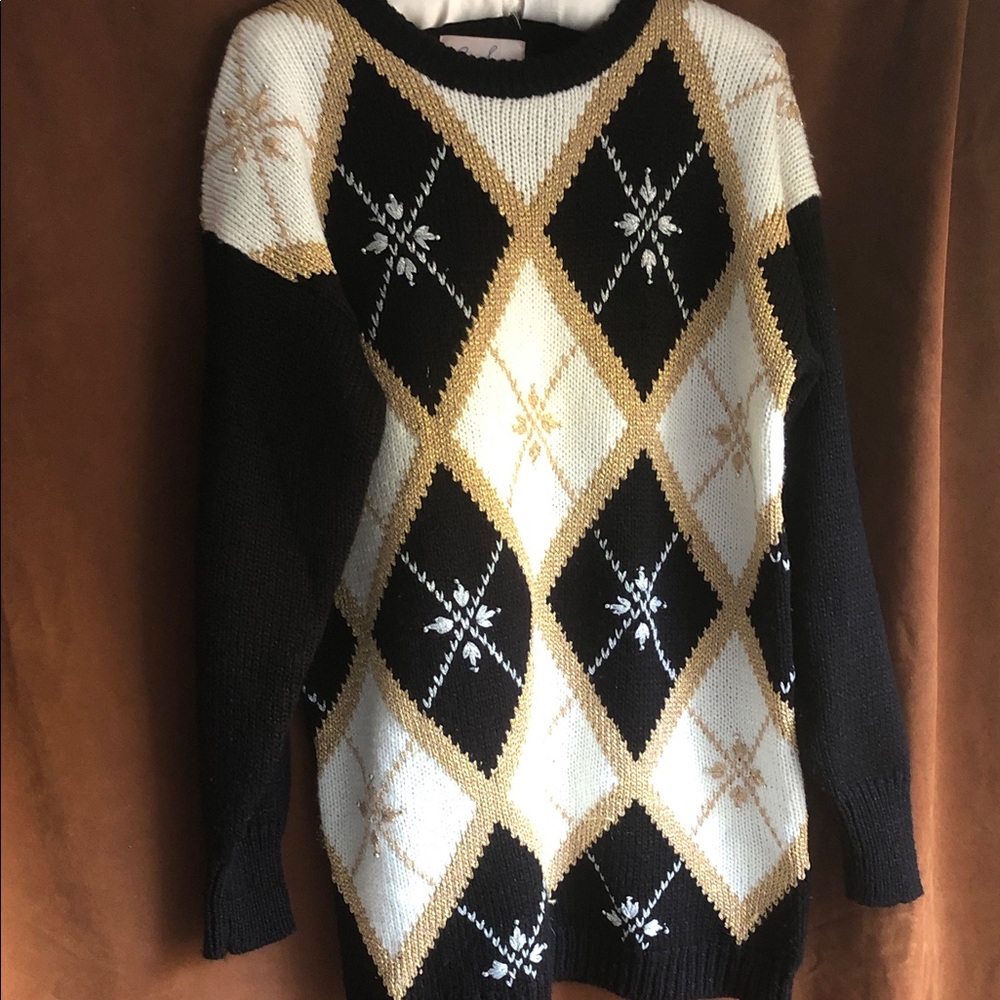 Jaclyn Smith Black, Cream & Gold Argyle Crewneck Sweater